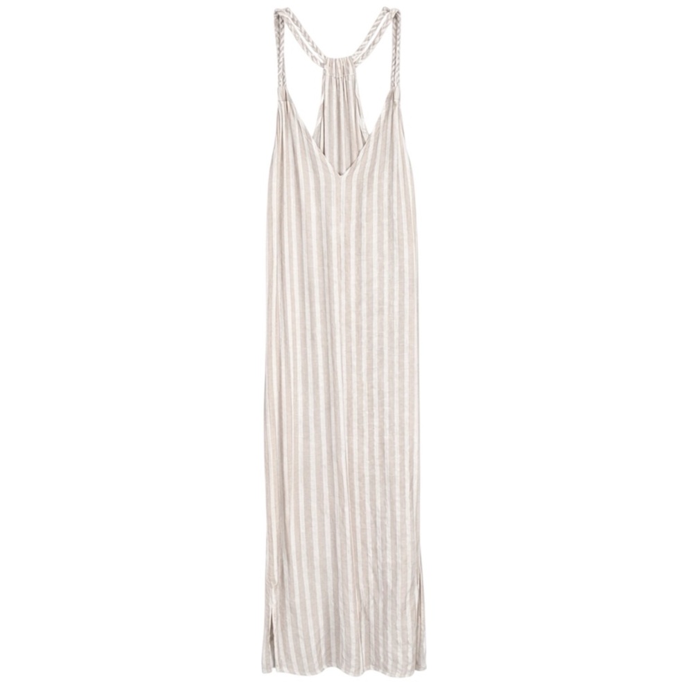 Rachel Ashwell Linen Blend Braided Strap Stripe Midi Dress Side Slit Women S - Picture 3 of 10